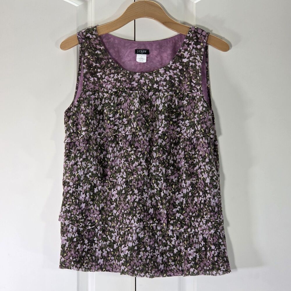 J.Crew Women 4 100% Silk Floral Tiered Sleeveless Blouse Purple Lined Romantic - Picture 2 of 10